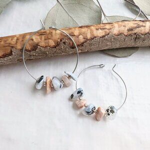 Gemstone Chip Beaded Handmade Steel Hoop Earrings